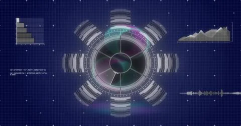 Rotating circular interface with rings and fins on dark blue grid, showing bar Stock Illustration