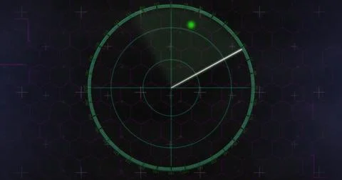 Rotating circular radar scope sweeping over dark hex-grid field, showing green 스톡 사진