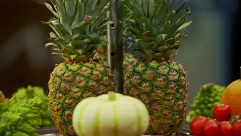 Rotating Circular Table with Fresh Fruits and Vegetables Arrangement Stock-Footage 335791931