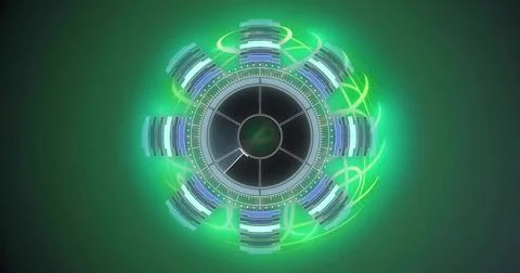 Rotating circular tech hub against dark green gradient, with metallic core, 8 Foto stock