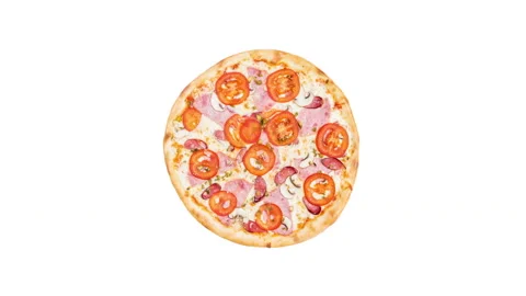 Rotating classic pizza with ham, mushrooms and tomatoes isolated on a white Stock Footage 88475272