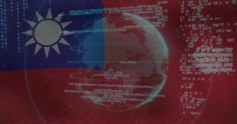 Rotating clear 3D wireframe globe displaying code in digital lab, with Taiwanese 库存照片