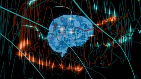 Rotating clear blue 3D brain syncing nodes to orange flares in black void, teal Stock Footage 339721992