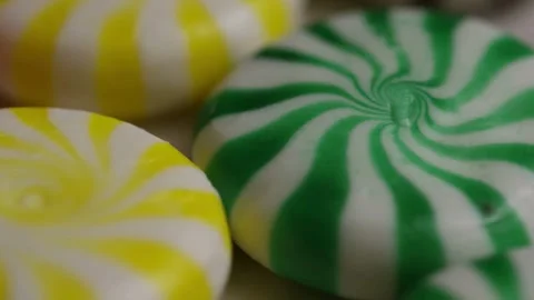 Rotating close up of colorful peppermint hard candy sweets Stock Footage 328074630