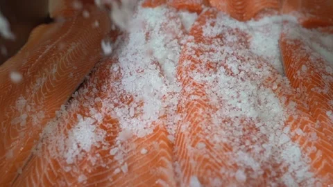 Rotating closeup slow motion coarse rock salt is hitting stacked up salmon 스톡 동영상 154632065