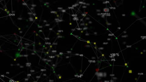 A rotating cloud. A network of numbers and market signals. Depth of field.Global Stock Footage 97253057