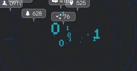 Rotating cluster of cyan binary bits and pixel 0 glowing on navy HUD grid, sh Stock Illustration