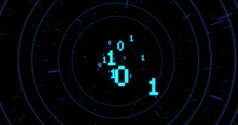 Rotating cluster of cyan binary digits floating in data tunnel, with neon-blue 库存插图
