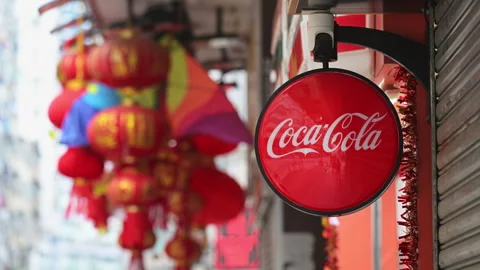 Rotating Coca-Cola Logo Chinese New Year Lanterns Hong Kong Globalization Stock Footage 333822367