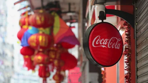 Rotating Coca-Cola Sign Chinese New Year Lanterns Hong Kong Globalization Stock Footage 333616671