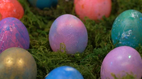 Rotating Of Colorful Easter Eggs Lying In A Basket. Easter 스톡 동영상 129212963