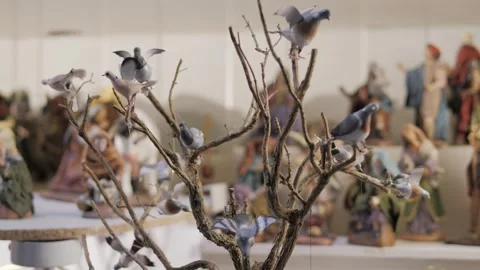 Rotating composition of a tree with birdsfor assembling ornament of Nativity Stock Footage 305751989