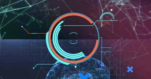 Rotating concentric circular HUD element hovering at data interface, showing Stock Illustration