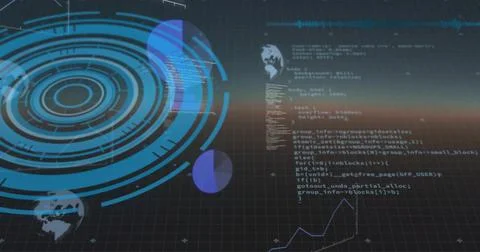Rotating concentric circular HUD hovering left on dashboard, showing grid, code, Stock-Fotos