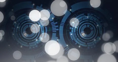 Rotating concentric HUD elements glowing in virtual high-tech space, with grid Stock Illustration