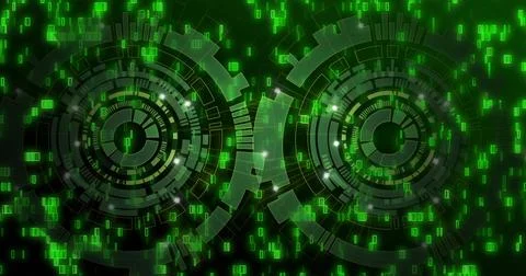 Rotating concentric HUD pair centering on cyber grid, showing segmented rings, Illustrazione stock