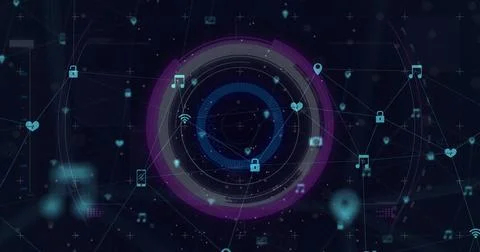 Rotating concentric HUD pulsing, linking nodes in dark interface with padlock Stock Illustration