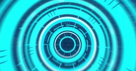Rotating concentric rings forming digital tunnel in virtual HUD, with radial Illustrazione stock