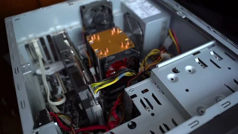 Rotating coolers in the computer. Cooling system motherboard and video card Stock Footage 132037180