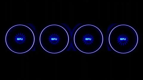 Rotating coolers with neon multi-colored backlighting and the inscription GPU on Video stock 299689580