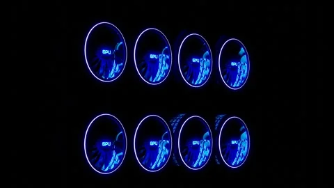 Rotating coolers with neon multi-colored backlighting and the inscription GPU on Vídeos de archivo 299689598