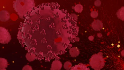 Rotating corona virus 3d animation under a microscope in blood flow. Stockbeeldmateriaal 128832585