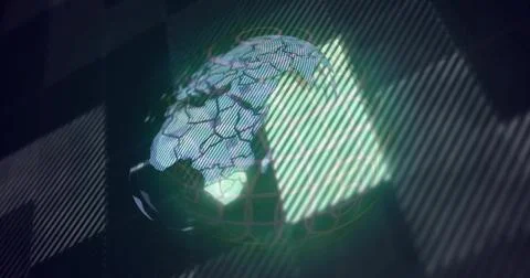 Rotating cracked digital globe glowing in VR simulation with grid rings and イラスト素材