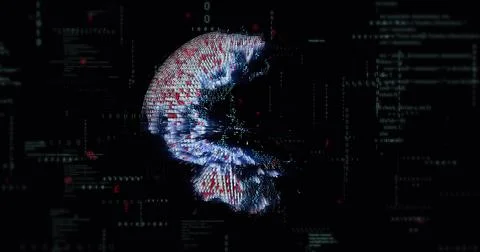 Rotating crescent-shaped 3D particle cluster radiating in dashboard, with binary Ilustração Stock