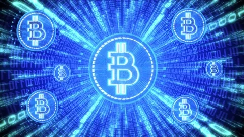 Rotating Cryptocurrency Bitcoin and Binary Code Tunnel in Background Stock Footage 334397729