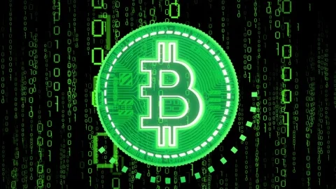 Rotating Cryptocurrency Bitcoin and Green Matrix Binary Code in Background Stock Footage 334394456