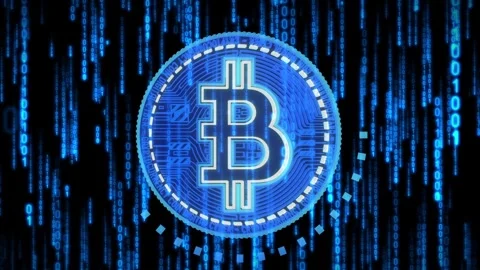 Rotating Cryptocurrency Bitcoin and Matrix Binary Code in Background Stock Footage 334393013