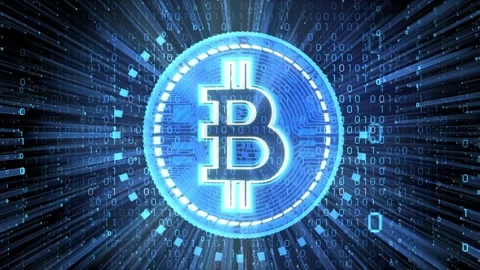 Rotating Cryptocurrency Bitcoin and Matrix Binary Code in Background Stock Footage 334396612