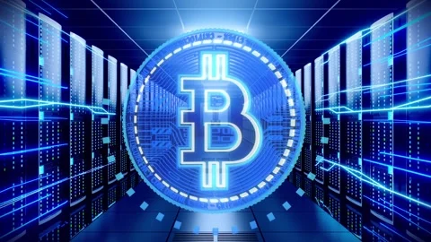 Rotating Cryptocurrency Bitcoin in Data Server Room Stock Footage 334393330