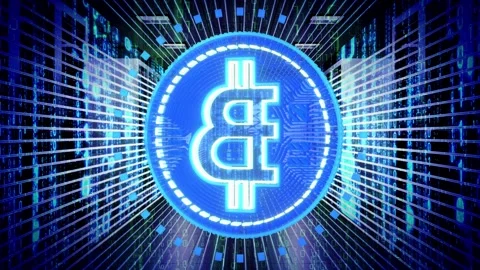 Rotating Cryptocurrency Bitcoin in Data Server Room Stock Footage 334401068