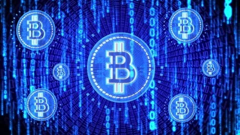 Rotating Cryptocurrency Bitcoins and Matrix Binary Code in Background Stock Footage 334395706