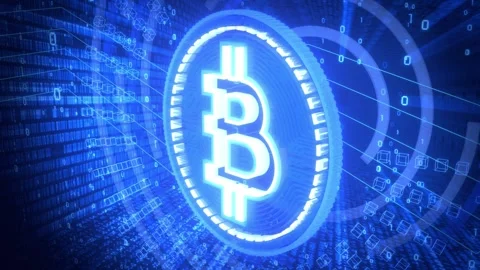 Rotating Cryptocurrency Neon Bitcoin with Matrix Binary Code Stock Footage 334405727