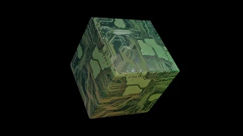 Rotating cube with circuit board pattern. 3d animation render Stock Footage 243783070