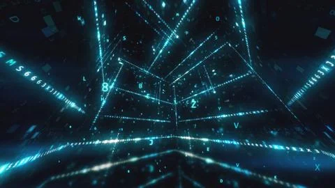 Rotating cube with hexadecimal machine code Abstract technological background Stock Photos