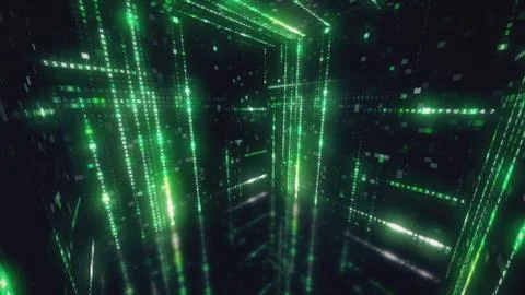 Rotating cube with hexadecimal machine code Abstract technological background Stock Photos