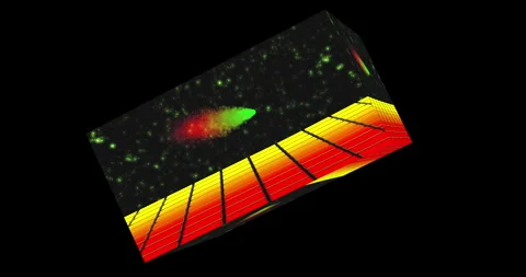 Rotating cube with image of comet passing against color-changing neon disco tile 動画素材 267946877