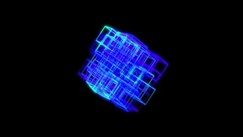 Rotating cube made of cubes, neon glowing animation of information blocks Stock Footage 156601205