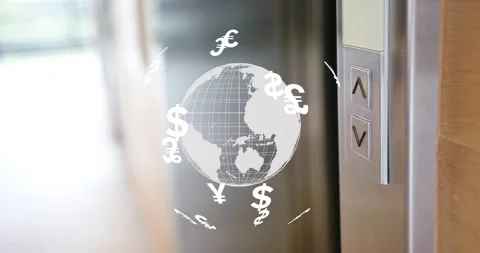 Rotating currency globe until green LED strip lighting up, opening elevator Video stock 318918143