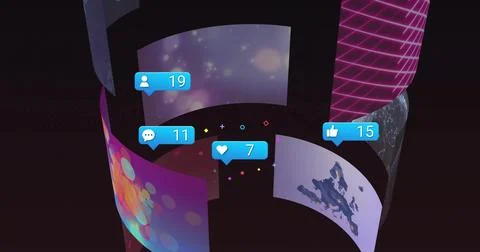 Rotating curved translucent panels spiraling in dark VR stage, with blue Stock Illustration