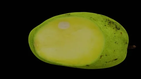 Rotating Cut Green Ivory Mango on Black Background (Looping) Stock Footage 149345621