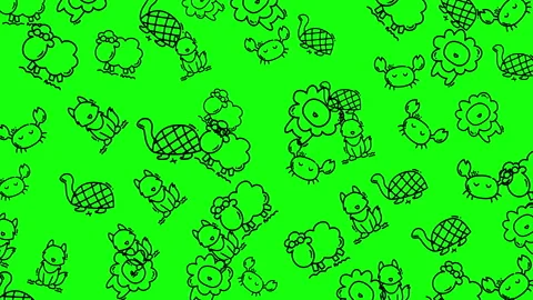 Rotating Cute Hand Drawn Animal Doodles Moving on Bright Green Screen Seamless L Stock Footage 320180288