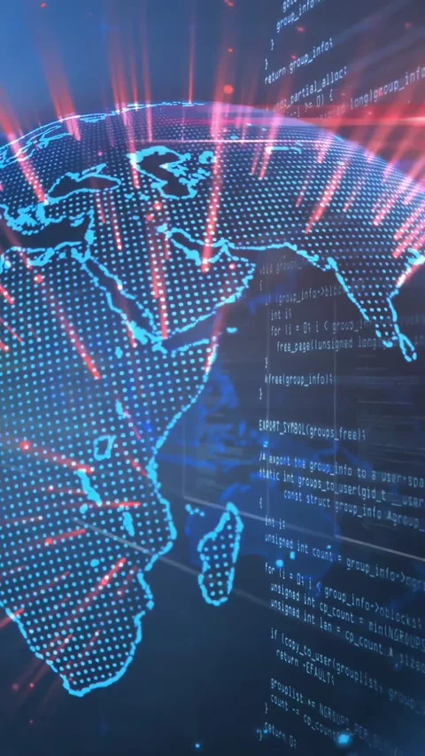 Rotating cyan 3D dotted globe showing scrolling code panels in data studio, with Stock Footage 331168699