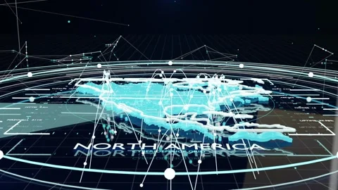 Rotating cyan 3D map of North America showing pulsing nodes as sector sweep Stock Footage 337505134