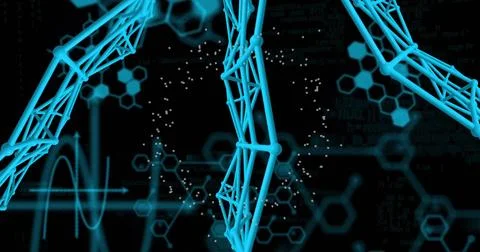 Rotating cyan 3D wireframe lattice on black field, showing hexagonal motifs, Illustrazione stock