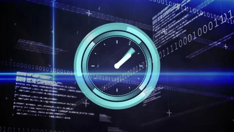 Rotating cyan analog clock pulsing rings in holographic HUD, with blue scanline, Stock Footage 330602928