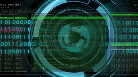 Rotating cyan arcs causing terminal fading, HUD rings expanding, binary streams Video stock 332936738